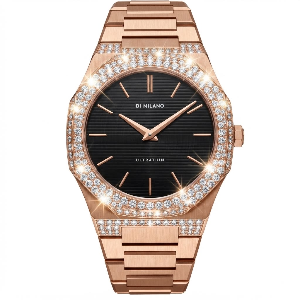 A DI MILANO men's watch featuring a rose gold metal bracelet and case, a black sunburst dial with rose gold indices, and a bezel and case accented with sparkling pavé-set clear crystals.