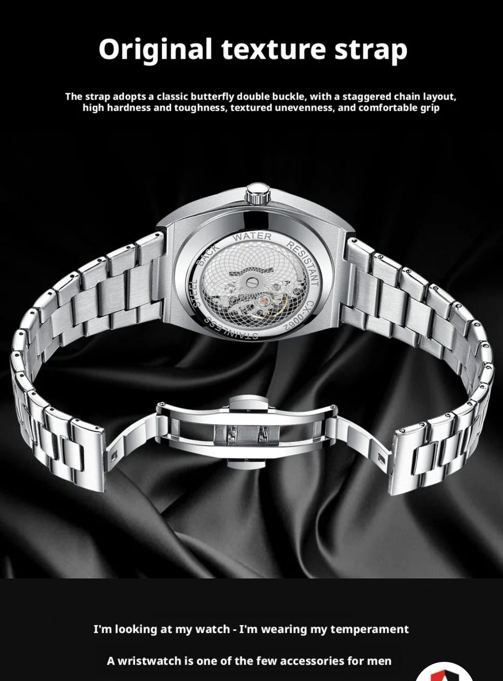 A silver stainless steel wristwatch with a transparent back and textured strap, displayed on a black satin fabric background with promotional text overlays.