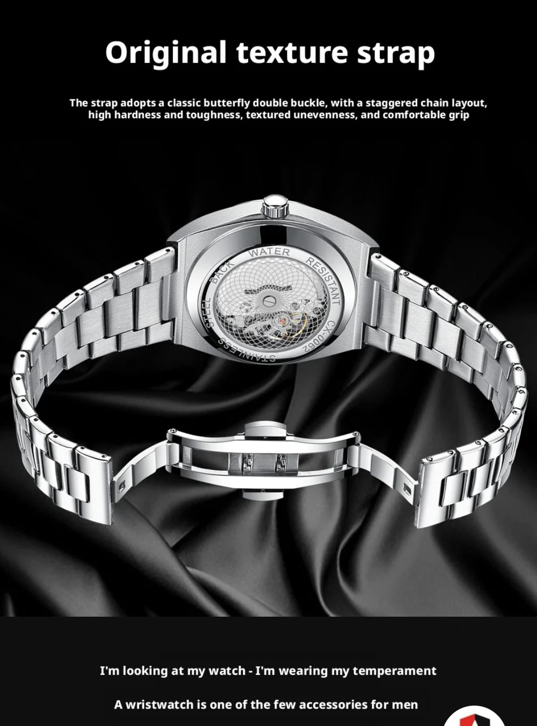 A silver stainless steel wristwatch with a transparent back and textured strap, displayed on a black satin fabric background with promotional text overlays.