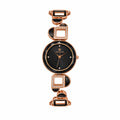 A women's rose gold watch with a black dial and geometric link bracelet featuring rhinestone accents, shown on a plain white background.