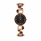 A women's rose gold watch with a black dial and geometric link bracelet featuring rhinestone accents, shown on a plain white background.