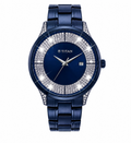 A women's analog watch with a dark blue metal bracelet and dial, featuring a bezel encrusted with clear rhinestones. The brand name 'TITAN' is printed on the dial.