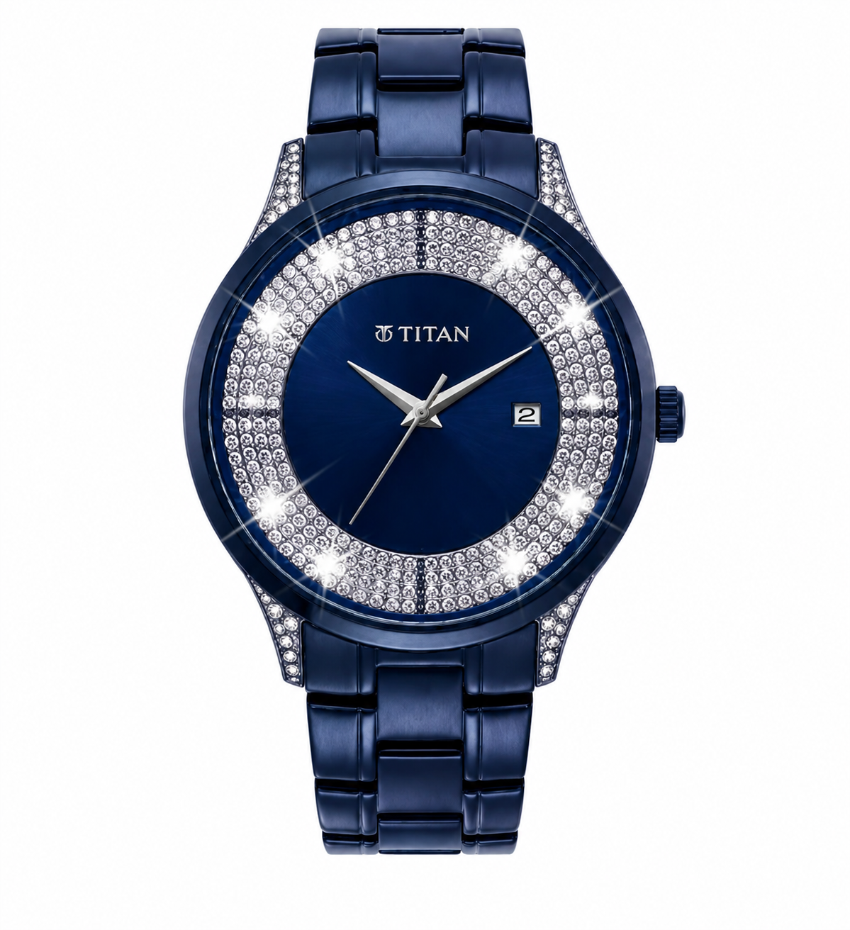 A women's analog watch with a dark blue metal bracelet and dial, featuring a bezel encrusted with clear rhinestones. The brand name 'TITAN' is printed on the dial.