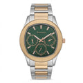 A two-tone stainless steel and gold-plated wristwatch with a green dial and three sub-dials, featuring the Discovery brand name on the dial.