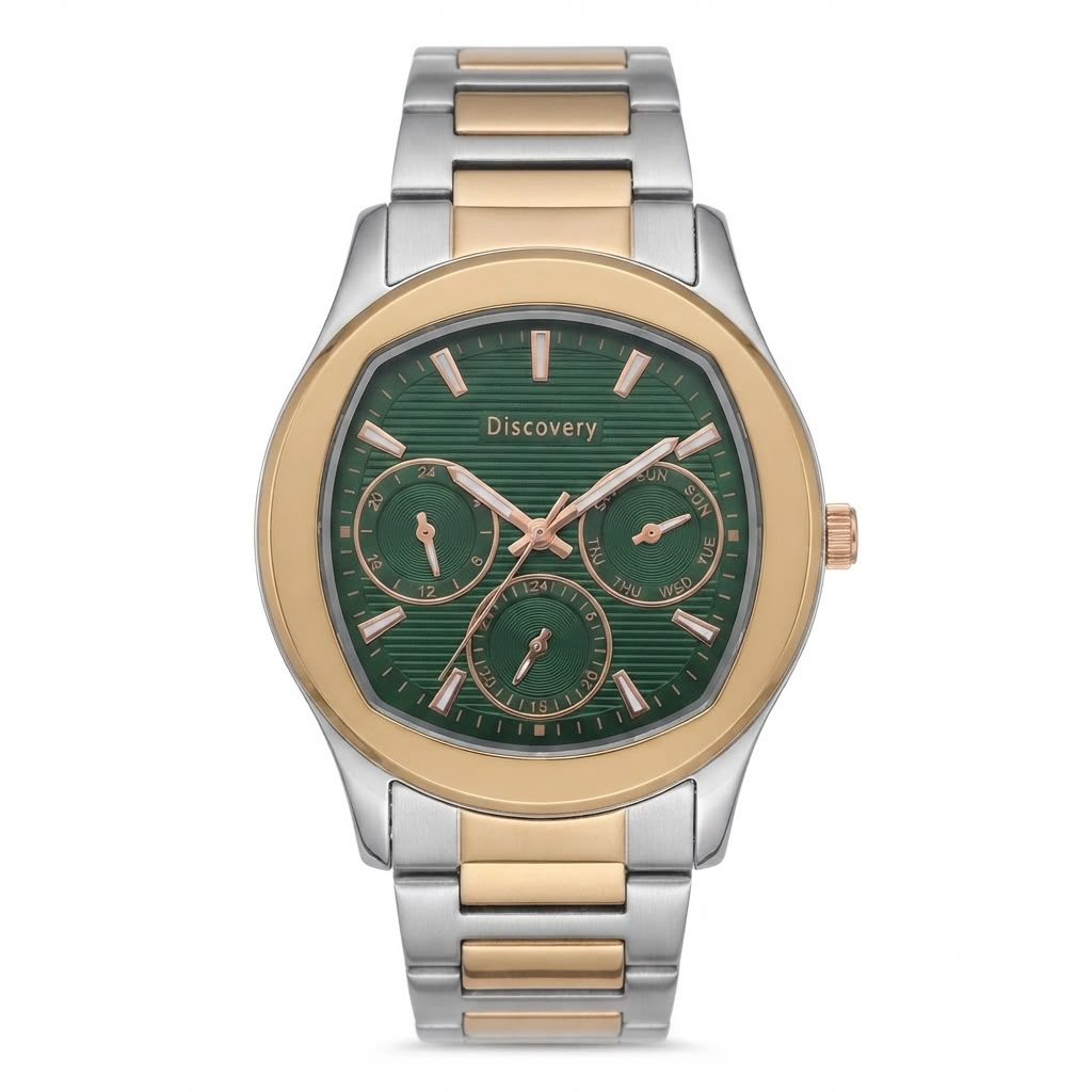 A two-tone stainless steel and gold-plated wristwatch with a green dial and three sub-dials, featuring the Discovery brand name on the dial.