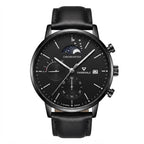 A Fairwhale chronometer watch with a black leather strap, black round case, and a detailed black dial featuring a moon phase indicator, sub-dials, and a date window.