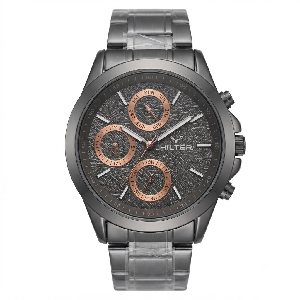 A Hilter men's analog watch with a dark gray textured dial, three rose gold sub-dials, and a dark gray stainless steel case and link bracelet, shown against a plain white background.