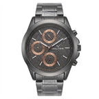 A Hilter men's analog watch with a dark gray textured dial, three rose gold sub-dials, and a dark gray stainless steel case and link bracelet, shown against a plain white background.