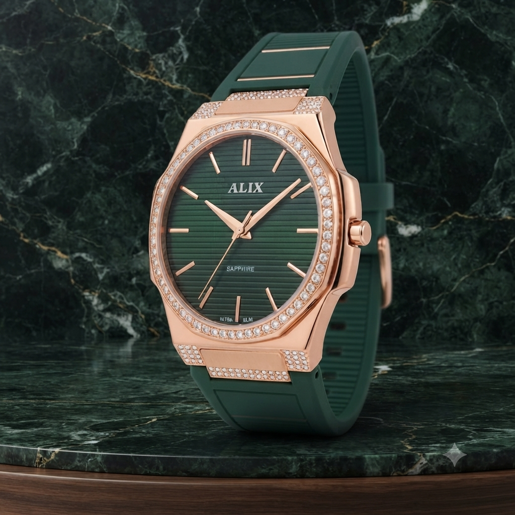 alix-quartz-green-dial-rose-gold-diamond-bezel-marble-display-view