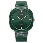 A green ceramic watch with a matching green dial, rose gold-tone hands and markers, and a clear protective plastic wrapper on a white background.