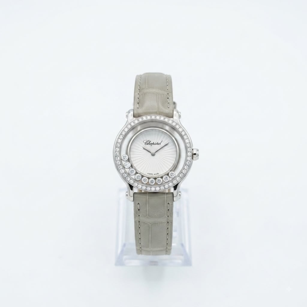A Chapsel women's watch featuring a silver-tone oval case with a halo of clear crystals, a silver sunburst dial, and a light gray alligator leather strap, displayed on a clear stand against a white background.