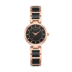 A women's analog watch with a round rose gold case, a black scalloped dial with rhinestone hour markers, and a matching rose gold and black link bracelet, shown against a plain white background.