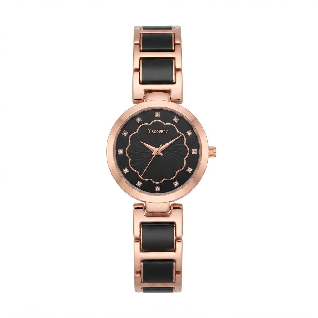 A women's analog watch with a round rose gold case, a black scalloped dial with rhinestone hour markers, and a matching rose gold and black link bracelet, shown against a plain white background.