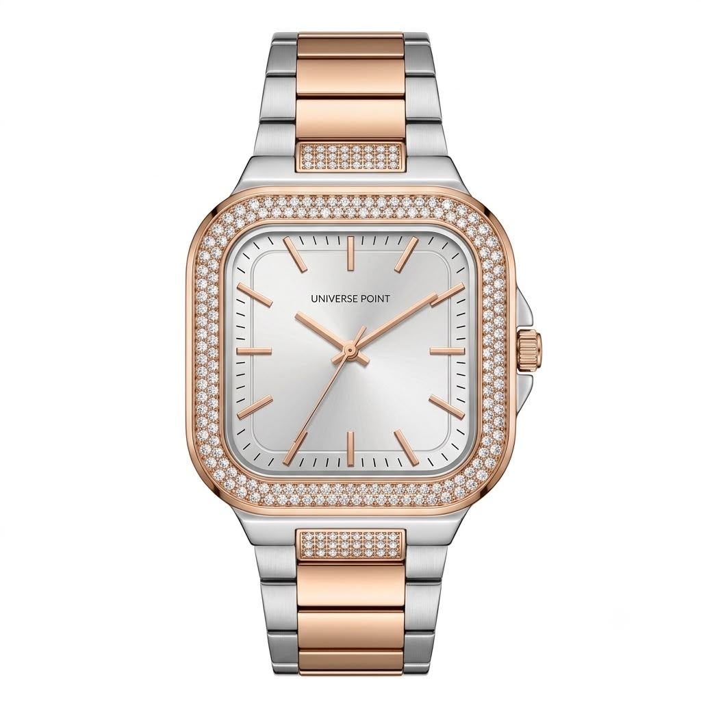 A women's square analog watch with a two-tone silver and rose gold stainless steel bracelet, a diamond-encrusted bezel, and a white dial with rose gold indices. The brand name 'UNIVERSE POINT' is printed on the dial.