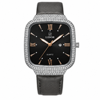 A LIDOR quartz watch with a black dial, rose gold-tone Roman numerals and hands, a silver-tone bezel encrusted with clear rhinestones, and a dark gray leather strap, shown on a plain white background.