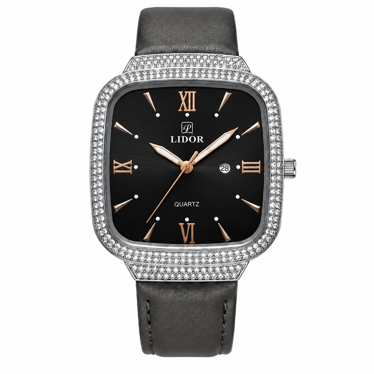 A LIDOR quartz watch with a black dial, rose gold-tone Roman numerals and hands, a silver-tone bezel encrusted with clear rhinestones, and a dark gray leather strap, shown on a plain white background.