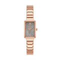 A women's rectangular analog watch with a rose gold metal link bracelet, a textured gray dial, and rose gold Roman numeral hour markers, shown against a plain white background.