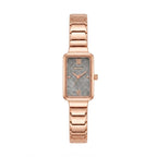 A women's rectangular analog watch with a rose gold metal link bracelet, a textured gray dial, and rose gold Roman numeral hour markers, shown against a plain white background.