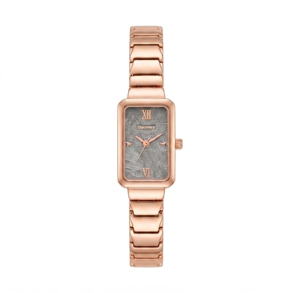 A women's rectangular analog watch with a rose gold metal link bracelet, a textured gray dial, and rose gold Roman numeral hour markers, shown against a plain white background.