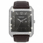 A Kenneth Cole Reaction men's watch featuring a square silver-tone case encrusted with clear crystals, a dark gray dial with silver-tone hands and numerals, and a dark brown alligator leather strap.