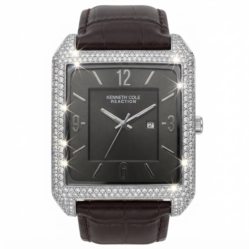 A Kenneth Cole Reaction men's watch featuring a square silver-tone case encrusted with clear crystals, a dark gray dial with silver-tone hands and numerals, and a dark brown alligator leather strap.