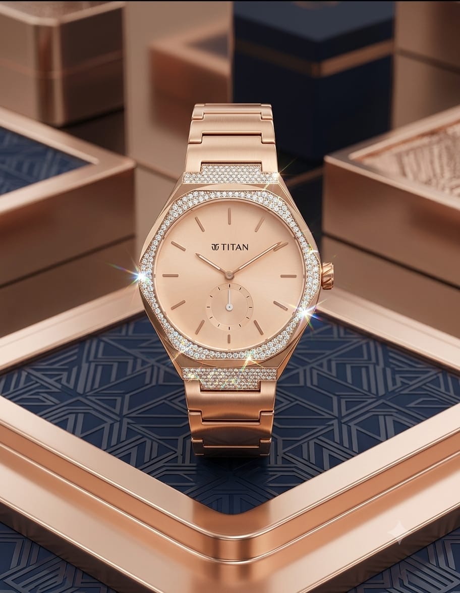 A rose gold women's watch by X'Titan, featuring a diamond-encrusted bezel, a matching rose gold link bracelet, and a light pink dial, displayed on a geometric blue and rose gold stand.