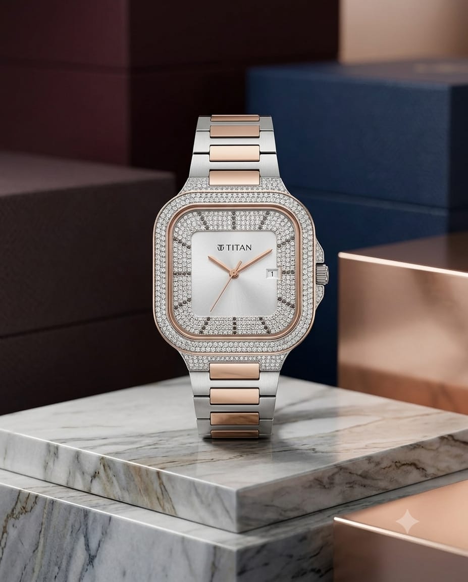 A Titanium brand women's watch with a silver and rose gold link bracelet, a diamond-encrusted bezel, and a white dial, displayed on a marble pedestal with luxury boxes in the background.
