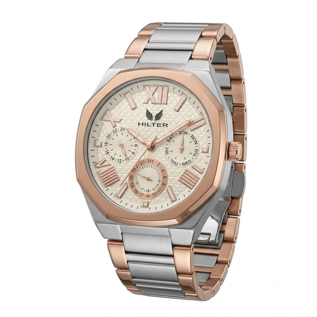 Hilter men's analog watch with a two-tone silver and rose gold stainless steel link bracelet, a rose gold bezel, and a textured cream-colored dial with Roman numerals and sub-dials.