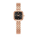 A rose gold women's analog watch with a square black dial and a matching rose gold link bracelet, shown on a plain white background.
