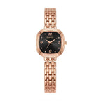 A rose gold women's analog watch with a square black dial and a matching rose gold link bracelet, shown on a plain white background.