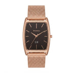 A Discovery Slim watch with a rectangular rose gold case, a black dial, and a matching rose gold mesh strap, shown against a plain white background.