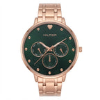 A Hilter women's watch featuring a rose gold metal link bracelet and case with a dark green dial, three sub-dials, and rose gold hour markers.