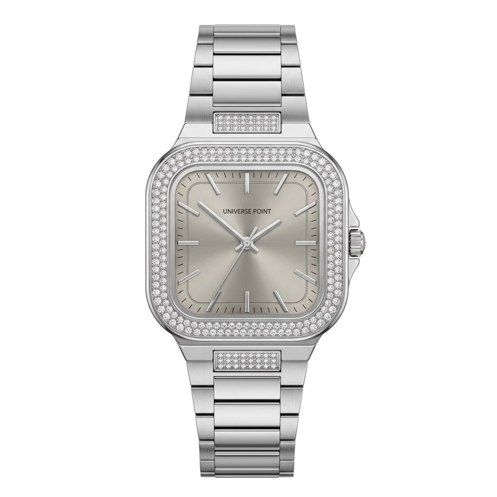 A silver-tone stainless steel watch with a square bezel encrusted with clear crystals, a champagne-gold dial, and a matching metal link bracelet, shown on a plain white background.