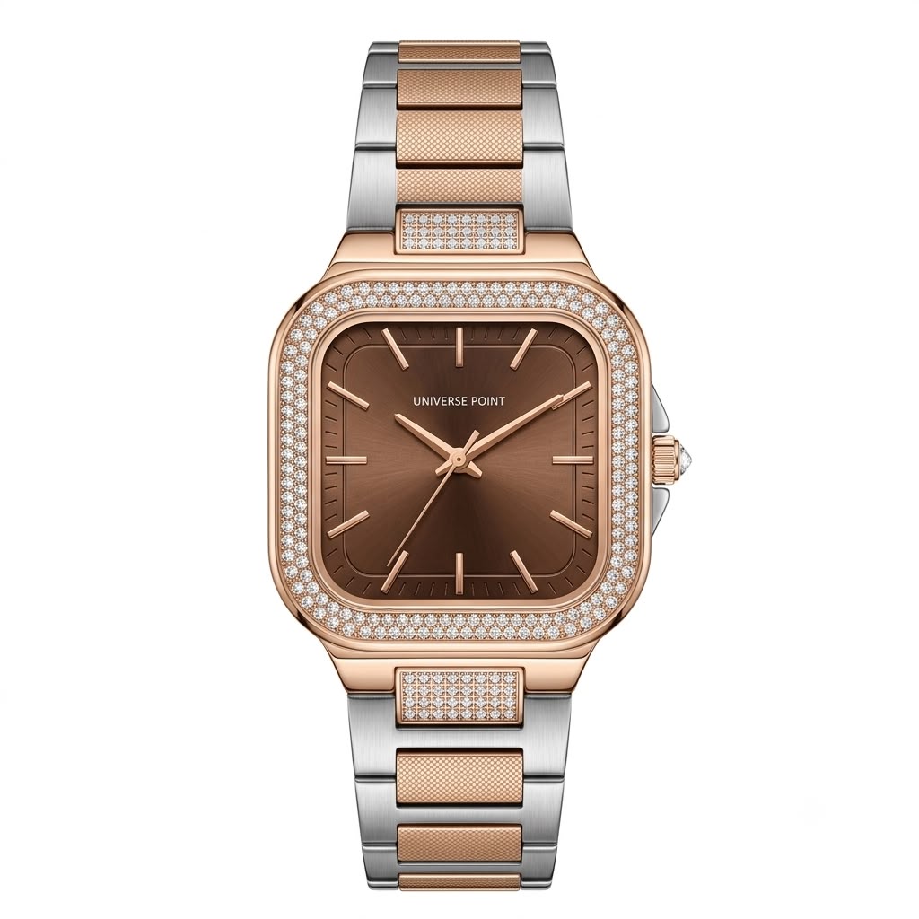 A two-tone rose gold and silver women's watch by Universe Point, featuring a square bezel encrusted with small clear stones, a brown dial, and a matching two-tone link bracelet.