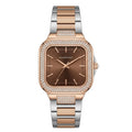 A two-tone rose gold and silver women's watch by Universe Point, featuring a square bezel encrusted with small clear stones, a brown dial, and a matching two-tone link bracelet.