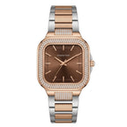 A two-tone rose gold and silver women's watch by Universe Point, featuring a square bezel encrusted with small clear stones, a brown dial, and a matching two-tone link bracelet.