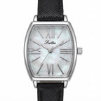 A Scottie women's analog watch featuring a silver-tone rectangular case with a white mother-of-pearl dial and black textured leather straps, shown against a plain white background.