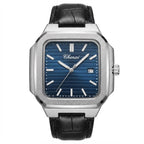 A men's analog watch by Chenzi with a silver-tone octagonal case, a blue sunburst dial with silver baton markers and hands, and a black leather strap, shown against a plain white background.