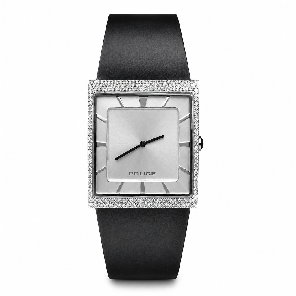A Police brand women's watch featuring a square silver dial, a bezel encrusted with clear crystals, and a matte black strap, shown against a plain white background.