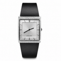 A Police brand women's watch featuring a square silver dial, a bezel encrusted with clear crystals, and a matte black strap, shown against a plain white background.