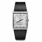 A Police brand women's watch featuring a square silver dial, a bezel encrusted with clear crystals, and a matte black strap, shown against a plain white background.