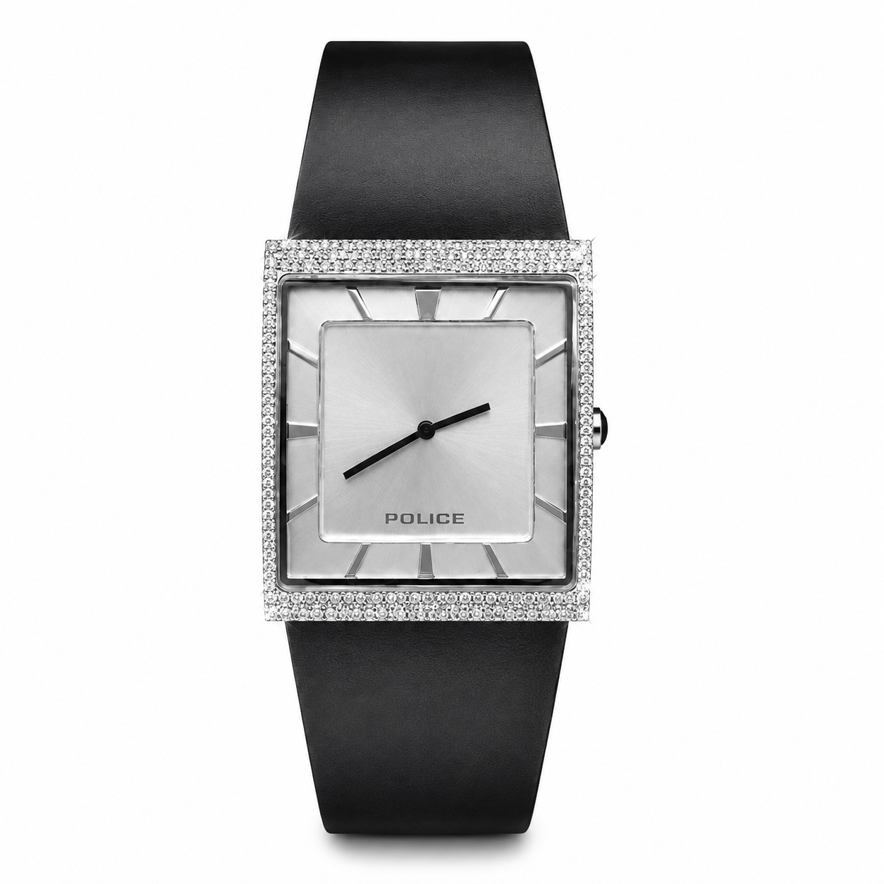 A Police brand women's watch featuring a square silver dial, a bezel encrusted with clear crystals, and a matte black strap, shown against a plain white background.