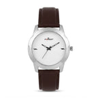 A minimalist wrist watch with a silver-tone round case, a white textured dial with black hands and hour markers, and a dark brown leather strap. The brand name 'FOREST' is printed on the dial.