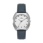 A wrist watch with a silver-tone round case, a white dial with square hour markers and the FOREST logo, and a dark slate blue leather strap with white stitching.