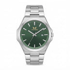 A silver stainless steel wrist watch with a green dial and silver link bracelet, featuring silver-tone hands and hour markers, a date window at 3 o'clock, and the HILTER brand name with a winged logo on the dial.