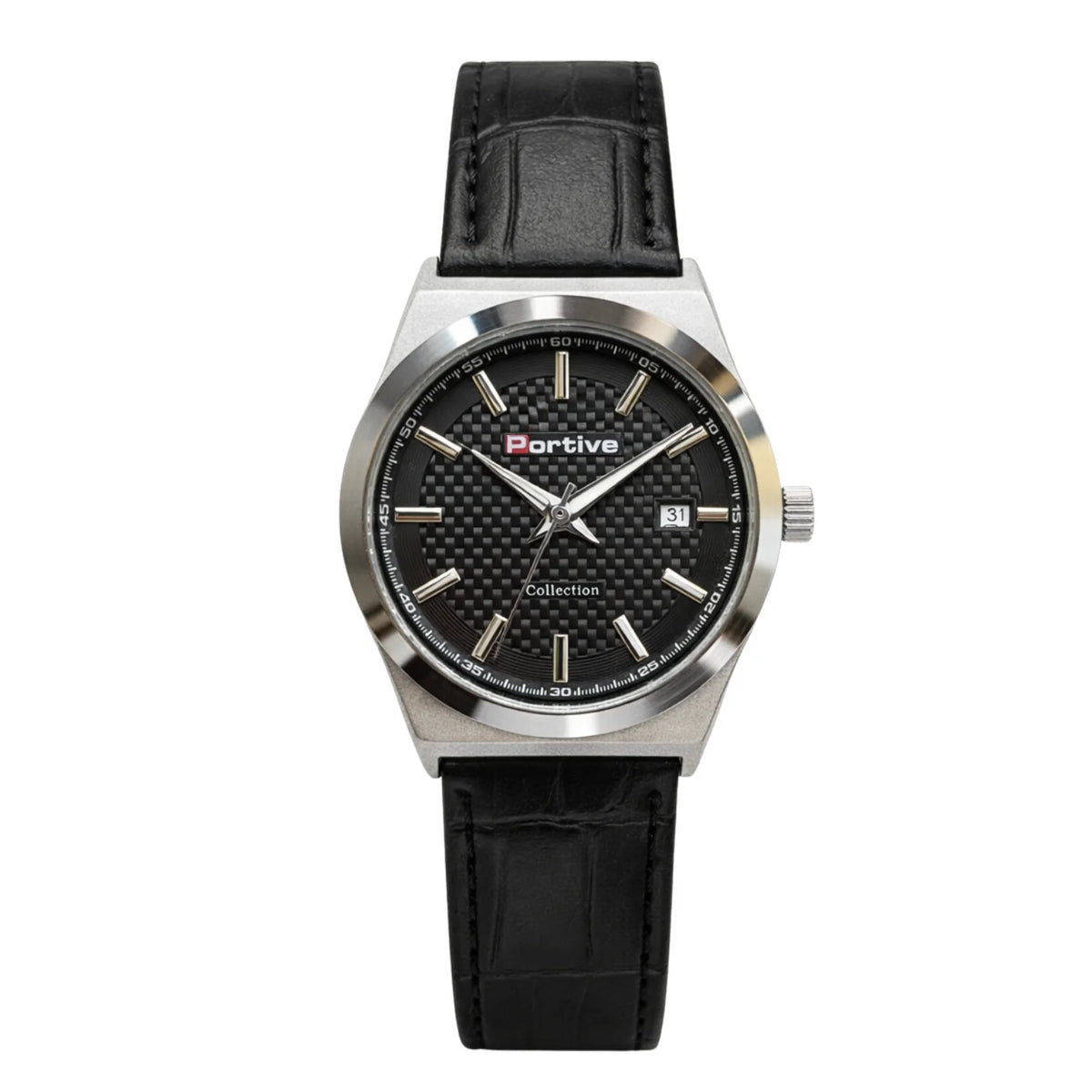 Black watch with silver case and black leather strap on a white background