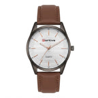 A Portive brand quartz watch with a brown leather strap, a dark gunmetal gray case, and a white dial with rose gold-tone hands and indices.