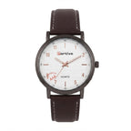 A Portive brand men's quartz watch featuring a dark brown leather strap, a dark gunmetal gray case, and a white dial with rose gold-tone hands and markers.