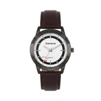 A men's analog watch with a dark brown leather strap, a dark gunmetal gray case, and a white dial featuring a black ring and the 'Portive' brand logo.