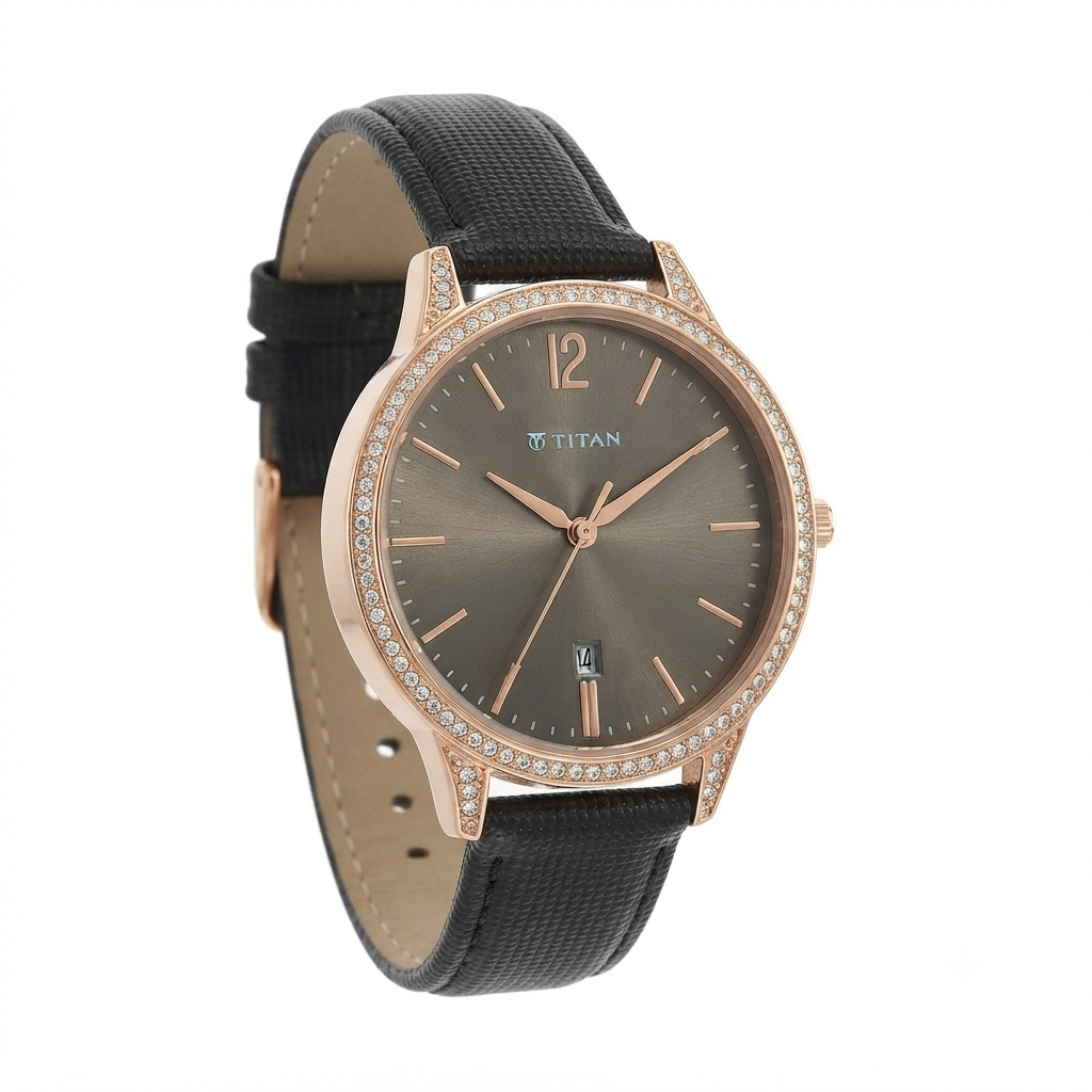 Titan rose gold crystal watch with black leather strap